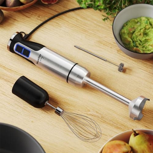 MuellerLiving Ultra-Stick Immersion Hand Blender, 500W Heavy Duty Motor, 8-Speed Turbo Setting, Includes Blending Shaft, Whisk, Milk Frother & Measuring Beaker 8