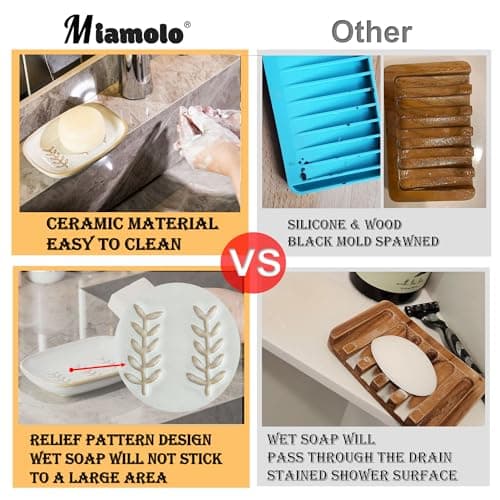 Miamolo Soap Dish Bar Cleaner Dish for Shower, Ceramic Soap Dishes for Large Soap Bar Shampoo or Sponge, Shower Soap Dish Soap Saver Tray for Bathroom Kitchen Sink, Easy to Clean 5