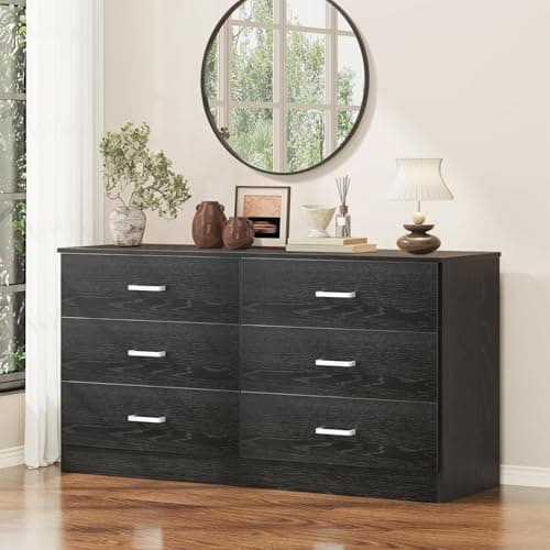 Bigbiglife Wood Dresser for Bedroom, 6 Drawer Double Dresser, Modern Chest of Drawers with Deep Drawers, Large Storage Organizer for Living Room, Closet (Black)