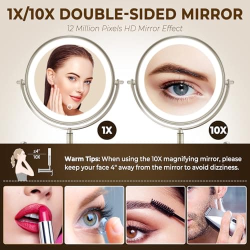 CONLWIN 8" Wall Mounted Lighted Makeup Mirror, 3000mAh Rechargeable Double Sided 1X/10X Magnifying Mirror with Hook, 3 Color Lights Touch Dimmable 360° Rotation Vanity Mirror for Bathroom 6