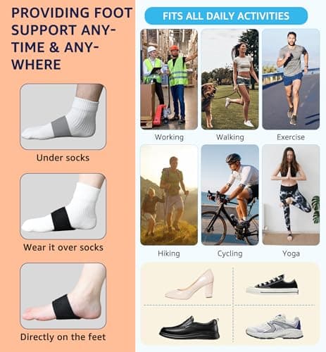 HiRui Arch Support Braces (Pair) for Plantar Fasciitis Relief - Adjustable Neoprene Arch Support Wraps with Gel Pads for Flat Feet High & Fallen Arch, Wear Over or Under Socks, Fits All Shoes (Black) 6