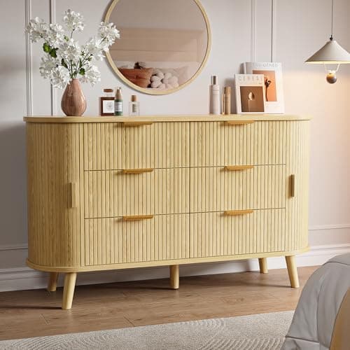Decofy Fluted 6 Drawers Dresser, 55'' Wide Mid Century Modern Chest of Drawers with Sliding Door & Metal Handles, Curved Profile & Sturdy Legs, Wood TV Stand for Bedroom, Living Room (Natural Oak)