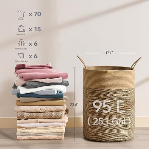 Nunsino Laundry Hamper 95L,Large Laundry Basket for Clothes,Decorative Storage Basket for Blankets,Cotton Rope Woven basket for bedroom,Dark Brown 6