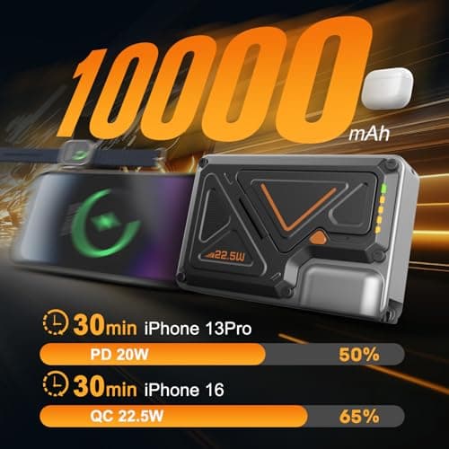 SEANCHEER P07 Magnetic Power Bank Charger 10000mAh Portable Charger with Built-in Cable and Foldable AC Plug, 22.5WMAX,Portable Charger with Built-in Cables for Samsung Google Pixel Moto iPhone iPad 4