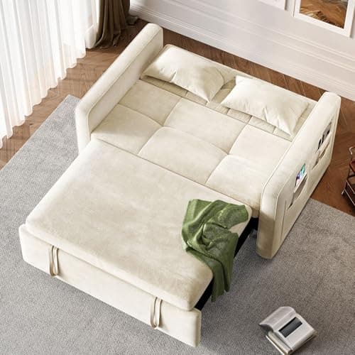 DWVO 3-in-1 Convertible Sofa Bed, 55" Sleeper Sofa with Pull-Out Bed, Cat-Scratch-Proof Fabric Futon Couch with Adjustable Backrest and Side Pocket, Loveseat for Living Room Apartment, Beige 5