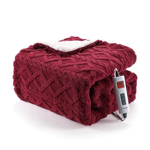 CAROMIO Heated Throw Blanket - Thick Tufted Sherpa Electric Blanket Throw with 6 Heating Levels and 8 Time Settings, UL Certified Machine Washable Fast Heating Blanket Throw 50"×60", Red