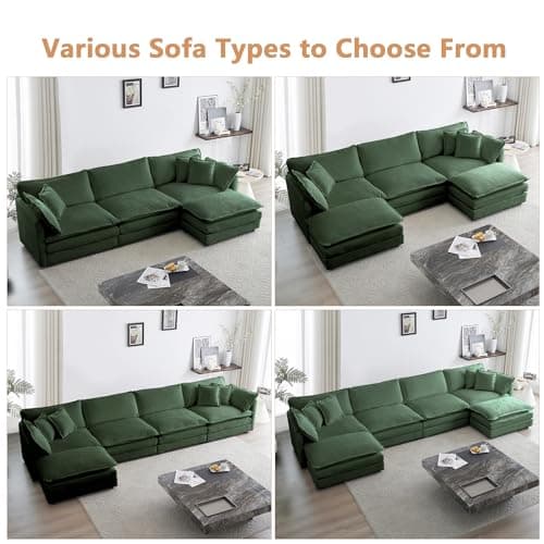 mikibama Modular Sectional Sofa, 111.5 Inch U Shaped Couch Set for Living Room, 3-Seater Comfy Cloud Couches with Movable Ottoman, DIY Combination, Chenille, Evergreen 6