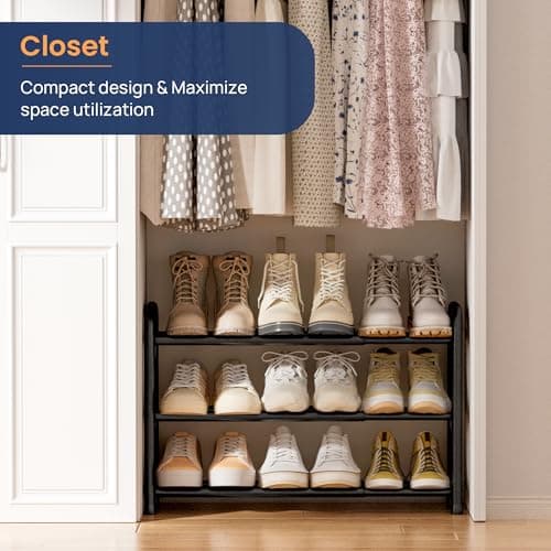 ENJOYBASICS Expandable Shoe Rack, 3 Tier Adjustable Shoe Organizer Shelf for Closet, Black Metal Free Standing Shoe Rack Storage for Small Space, Entryway 5