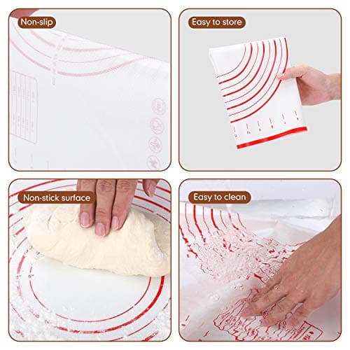 Wood French Rolling Pin for Baking, QUELLANCE Wooden Dough Roller with Silicone Baking Mat, Beech Wood Rolling Pins for Baking Dough, Pizza, Pie, Pastries, Pasta and Cookies,Red Pastry Mat 5