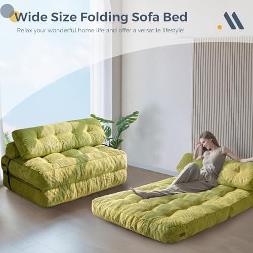 MAXYOYO Folding Sofa Bed, Convertible Sleeper Chair with Pilow Foldable Mattress with Back Support, Portable Fold Out Chair Bed for Living Room Bedroom, Green Double 8