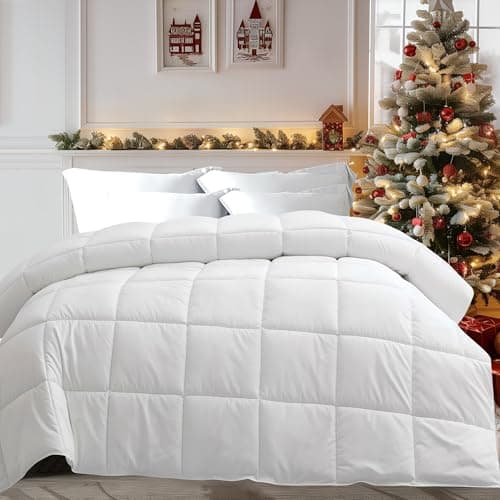 puredown® Feather and Down Comforter Full/Queen Size, Lightweight Duvet Insert, Ultra-Soft 100% Cotton Shell Light Warmth Bedding Comforters(White, 88x88)