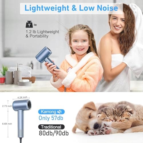 Hair Dryer, 150000 RPM High-Speed Brushless Motor Negative Ionic Fast Drying Blow Dryer with LCD Display, 4 Temps & 3 Speeds and 2 Magnetic Nozzle Hairdryer for Woman Kids Salon 6