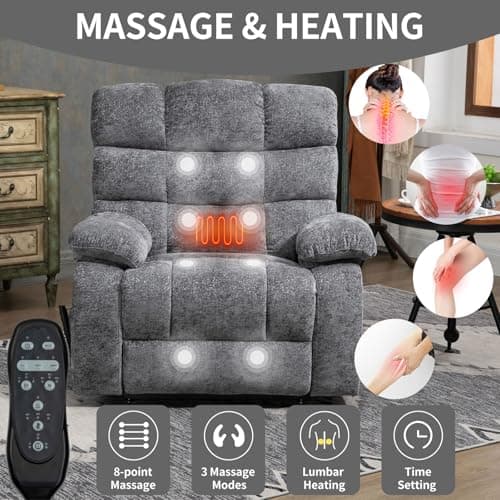 Sicilyforny Recliner Series: Big & Tall Power Lift Recliner, 40.55" W Seat, Dual Motor Heat Massage Electric Chair, 350lb Capacity (Chenille, Grey) 5