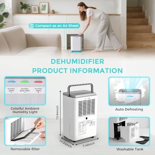 AIRCYAN 1500 Sq.Ft Dehumidifier, Max 32 Pint Quiet Dehumidifier for Bedroom with HEPA Filter Air Purifiers, Dehumidifiers for Basement with Drain Hose,Home,Bathroom,Auto Defrost,Smart Humidity Control 5