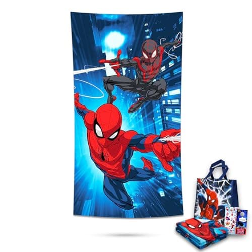 Marvel Spiderman Towel Set for Kids - Bundle with 27x54 Spiderman Microfiber Towel, Tote Bag, Stickers and More (Spiderman Pool and Bathroom Set)