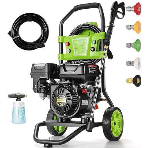 TEANDE 4200PSI 4GPM Gas Pressure Washer with 209CC Engine, 5 Nozzles, 25FT Hose Foam Bottle for Home Yard Garden Car Use, Green