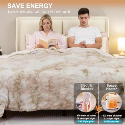 Dowin Electric Blanket King Size, Faux Fur & Sherpa Heated Blankets 100"x 90",Large Dual Controllers Warm Heating Blanket, 5 Heating Levels &10Hrs Auto Off, Over-Heat Protect (Beige) 3