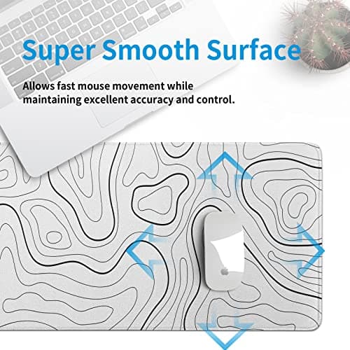 White Big Mousepad for Gaming Large Topographic Map Washable Desk Pad with Stitched Edge Office Supplies and Decor 31.5''x11.8'' Computer Keyboard Protector 7