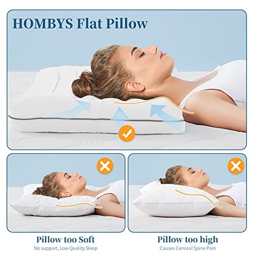 HOMBYS Ultra Thin Flat Bed Pillow for Stomach and Back Sleepers,Standard Size Down Alternative Cervical Pillow for Neck Pain, 100% Cotton Shell, White,2.5 inch 5