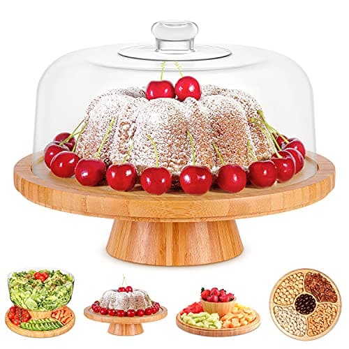 Homeries Bamboo Cake Stand with Lid, Cake Plate, (6 in 1) Multi-Functional Serving Platter, Large Cake Stand with Dome, Cake Display Stand with lid & Cake Dome - Use as Cake Holder, Cake Cover