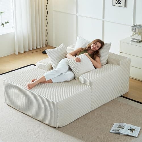 67 Inch Chaise Lounge Chair Indoor, Oversized Upholstered Boneless Sofa Bed, Corduroy Deep Seat Sleeper Couch Reading Chairs, Comfy Cloud Sofas Couches for Living Room, No Assembly Required (Beige)