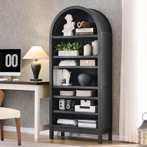 IFGET 71" Tall Arched Bookshelf, 7 Tiers Arch Bookcase with Storage, Modern Farmhouse Book Shelf with Adjustable Shelves, Wood Bookshelf w/Open Display Shelves for Living Room, Office (Dark Grey)