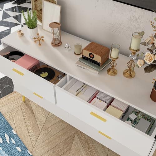 Hitow 6 Drawer Dresser for Bedroom，Modern Wide Double Dresser with Metal Legs, Home Office Storage Dresser, Chest of Drawers for Living Room, White (54" W x 15.6" D x 30.1" H) 5