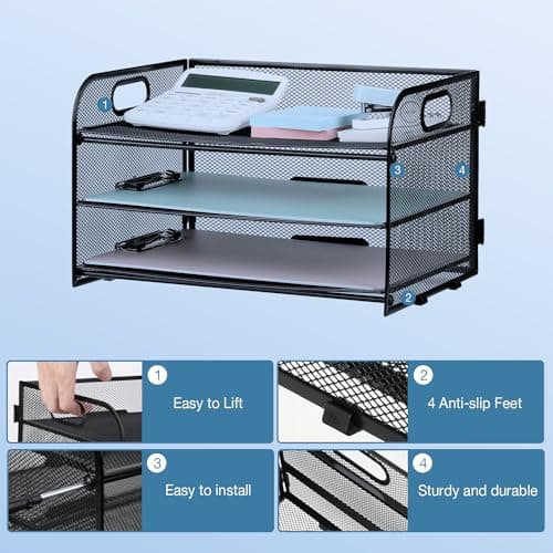 NCXTKJ 3-Tier Letter Tray Paper Organizer with Handle, Compact Mesh Desk File Organizer for Home Office Supplies Desktop Accessories,Black 5