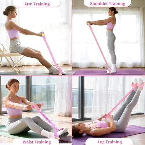 Pedal Resistance Bands with Handles, Upgrade 6-Tubes Manual Tension Training Pedal, Natural Rubber Foot Pedal Resistance Bands, Multifunction Fitness Bands for Abdomen, Waist, Arm, Leg (Pink) 5
