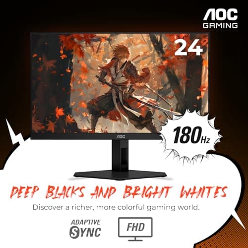 AOC 24G4E 24" Gaming Monitor, Full HD 1920x1080 IPS Panel, 180Hz 1ms, 1x HDMI 2.0, 1x Display Port, Adaptive-Sync, Audio Earphone Out, Console Gaming Ready, 3-Year Zero-Bright-Dot 2