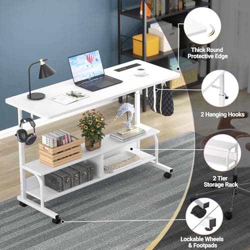 Armocity Rolling Standing Desk with Power Outlets, 47" Manual Height Adjustable Mobile Computer Desk with Wheels, Portable Sit Stand Laptop Couch Table for Bed & Sofa Home Office, Whtie 5