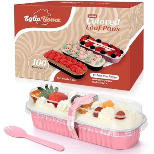 EgticHome Mini Loaf Pans with Lids and Spoons (100 Pack, Pink, 6.8oz) Rectangular Aluminum Foil Baking Pans