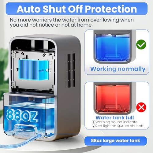 Dehumidifier, 88 OZ Dehumidifiers for Home with Drain Hose 8-12-24H Timer Quiet Portable Small Dehumidifier with Auto Shut Off for Bathroom Bedroom Rooms RV Basement Closet Office (silver grey) 6