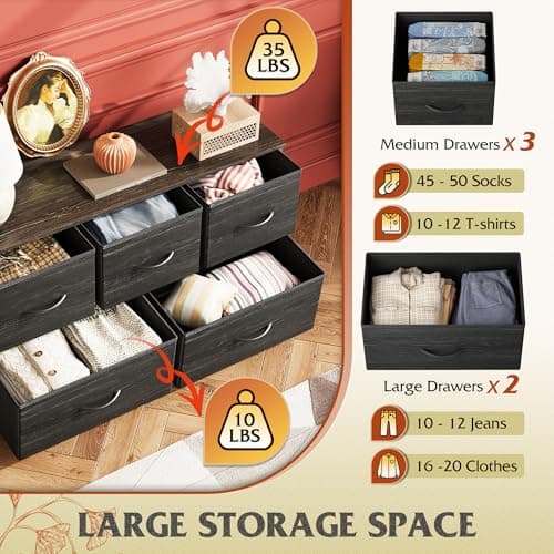 WLIVE Dresser for Bedroom with 5 Drawers, Wide Chest of Drawers, Fabric Dresser, Storage Organizer Unit with Fabric Bins for Closet, Living Room, Hallway, Charcoal Black Wood Grain Print 5