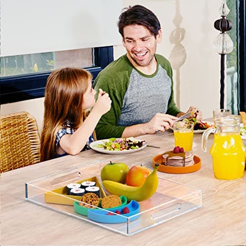 NIUBEE Clear Serving Tray 12x16 Inches -Spill Proof- Acrylic Decorative Tray Organiser for Ottoman Coffee Table Countertop with Handles 6