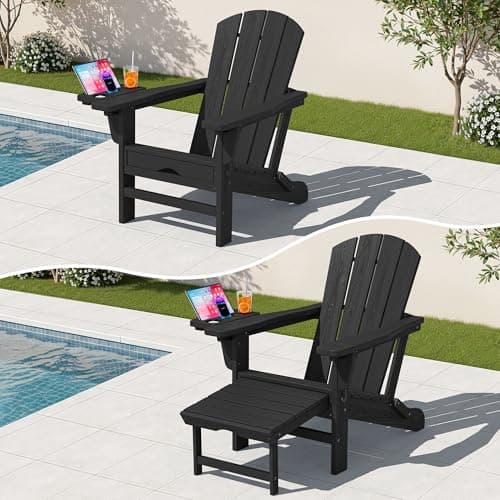 KINGYES Adjustable Folding Adirondack Chair with Footrest & 4-in-1 Multi-Functional Armrest Organizer, HDPE Foldable Recliner Adirondack Chair with Pull-Out Ottoman, Black