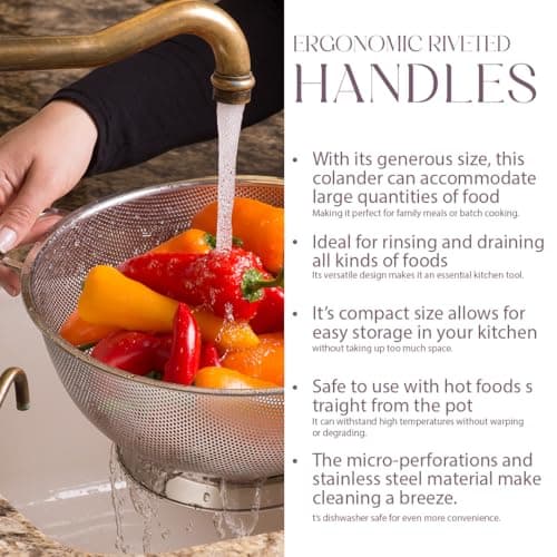 Bellemain Colander for Kitchen – 5 Qt Stainless Steel Strainer with Handle - 18/8 Pasta Strainer Bowl for Pasta, Spaghetti, Vegetables, Fruit, and Pot Draining - Stainless Steel Colander 5