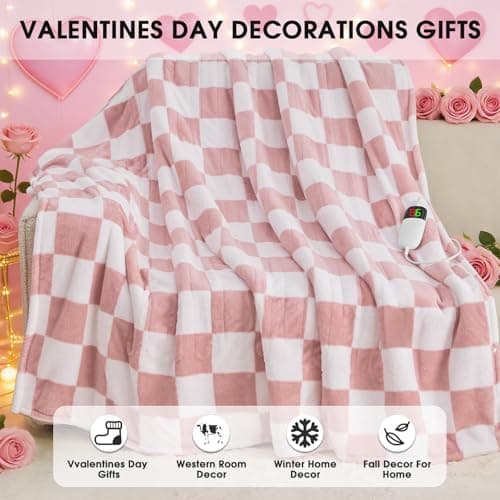 Light Pink Heated Blanket Electric Throw, 50X60 Heating Blanket with 10 Heat Levels & 8 Hours Auto Off for Lap, Checkered Plaid Soft Sherpa Blankets Warmer Gifts for Couch Grandma Women Adults 8