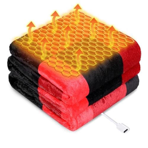 USB Powered Heated Throw Blanket for Women, 50" X 60" 9V 18W Portable Black Red Grid Electric Heating Blanket with 3 Heat Settings,8-Zone Graphene Heating Blankets for Couch Car Office Outdoor