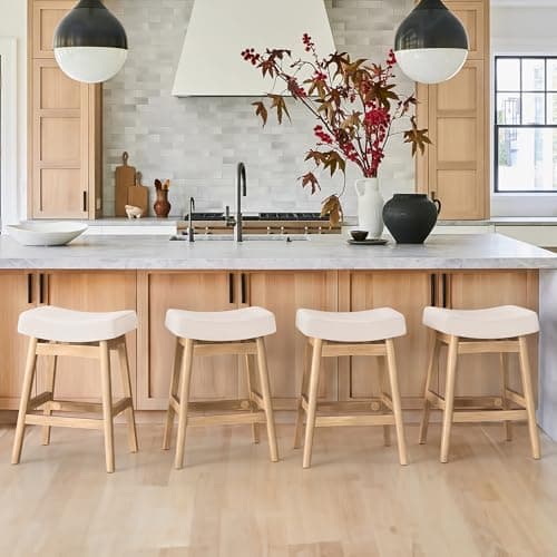 Cozyman Bar Stools Set of 3, Barstools with Sturdy Wood Legs, Saddle Seat Counter Height Bar Stools for Kitchen Counter, Bar, Dining, 24 Inch Farmhouse Counter Stools, Beige Fabric 7