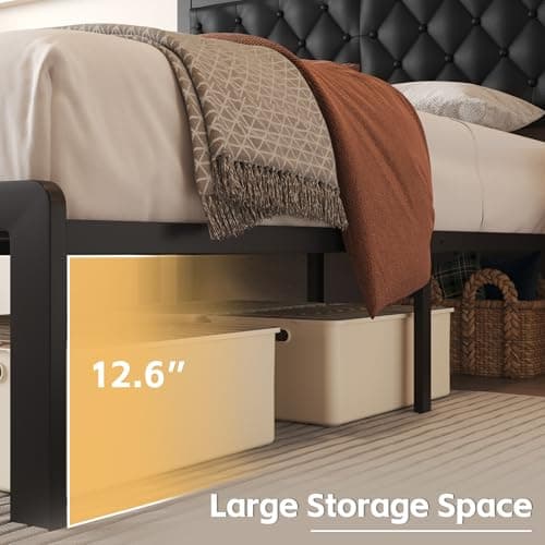 Fluest Queen Bed Frame with Headboard PU Leather Upholstered Bed Frame Platform,All Metal Slats Support Platform Bed Frame with Storage Space,Easy Assembly,Noise Free,No Box Spring Needed,Black 5