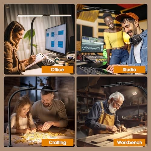 SIBRILLE LED Desk Lamp for Home Office - Dimmable Computer Desk Light with Clamp, Modern Architect Task Lamp with Color Changing, Flexible Desktop Lamp with Gooseneck for Monitor, Double Head, Black 8