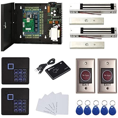 MENGQI-CONTROL 2 Door Access Control Board System 600lbs Electromagnetic Lock Infrared NoTouch Exit Button Keypad Reader 110~240V Power Supply Box USB Enroll Reader Card Key Fob APP remotely Open Door