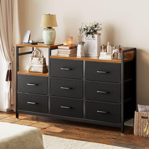 Casaottima Dresser for Bedroom with Charging Station, 52" Long Dresser with 8 Storage Drawers, Large Fabric Dressers Chests of Drawers with Shelves, Black and Vintage