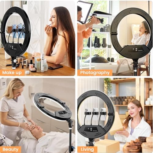 18" Foldable Ring Light with Stand for iPhone ipad, LED Display/2 USB Ports/4 Phone Tablet Holders, 2700-6500K Dimmable Ring Light for Tattoo Barber Makeup Studio Video Recording Photography 5