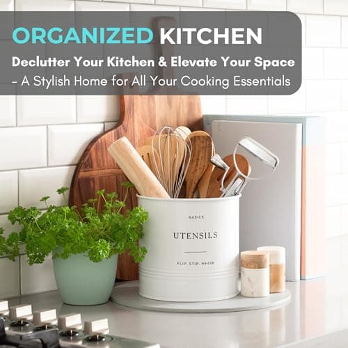 D'Lifeful Kitchen Utensil Holder for Countertop - 7" x 7" Large Utensil Holder for Kitchen Counter - Farmhouse Spatula & Cooking Tools Organizer - White Metal Crock for Modern Aesthetics 5