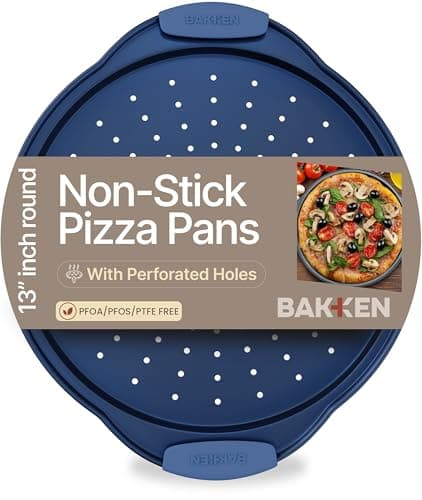 Bakken Pizza Baking Pan - Round Perforated Carbon Steel Pan with Non-Stick Marble Coating, Oversized Silicone Handle, Dishwasher Safe, High-Temperature Resistant, Durable & Easy Cleanup Blue, 1 Pack