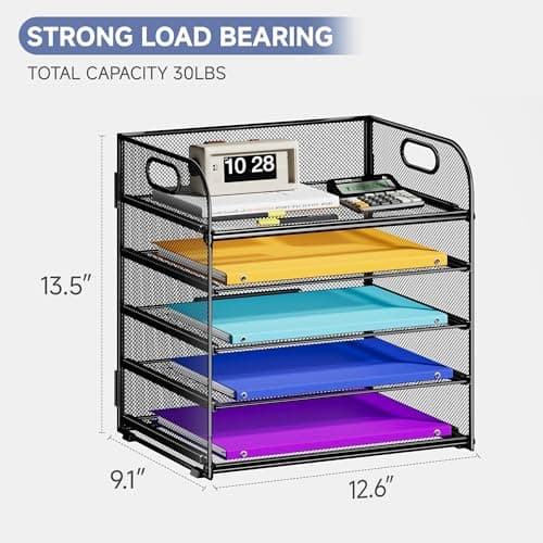 Cawukege 5 Tier Paper Organizer with Handle, Black Metal Mesh Desk Organizer File Folder Paper Letter Tray Desktop Document Sorter for Classroom, School, Office Accessories Organization and Storage 6