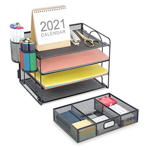 Marbrasse Desk Organizer and Accessories4-Tier Paper File Letter Tray Accessories & Workspace Desk Organizers with Drawer and 2 Pen Holders for School Home Office Supplies (Black) 8