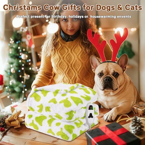 Green Cow Heated Electric Blanket Throw, 50X60 Heating Blanket with 10 Heats Levels & 8 Hours Auto Off, Cute Christmas Yoga Gifts for Women Teen Girls Mom Pets, Home Decor for Living Room Bedroom 6